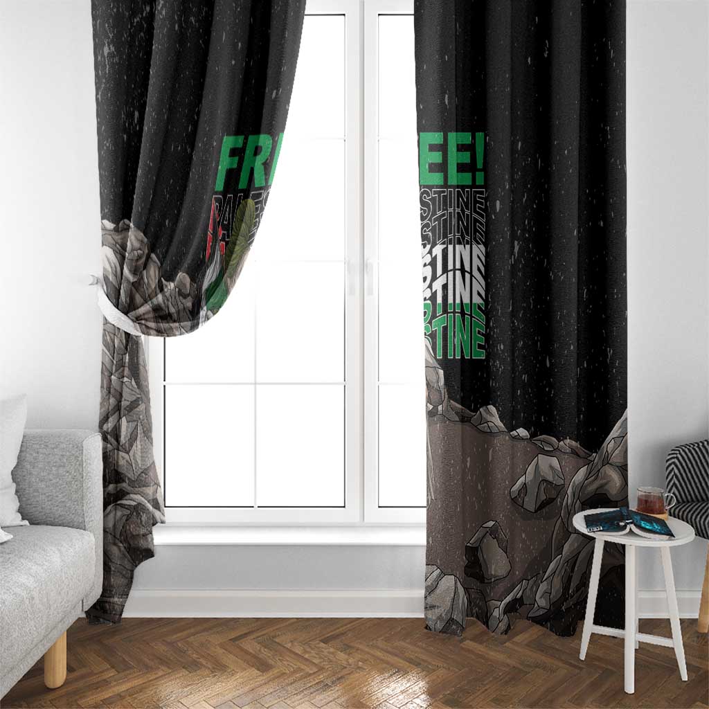 Black window curtain with eagle design and “FREE!” green text, draped on sides