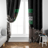 Black window curtain with eagle design and “FREE!” green text, draped on sides