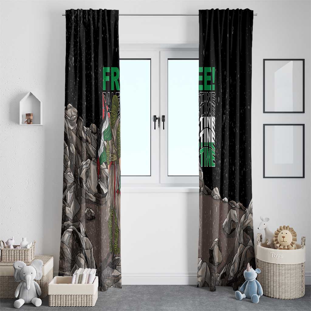 Black window curtain pair with eagle and “FREE!” green text over gray rock pattern