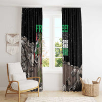 Black window curtain panels with eagle graphic and “FREE!” green text, full length