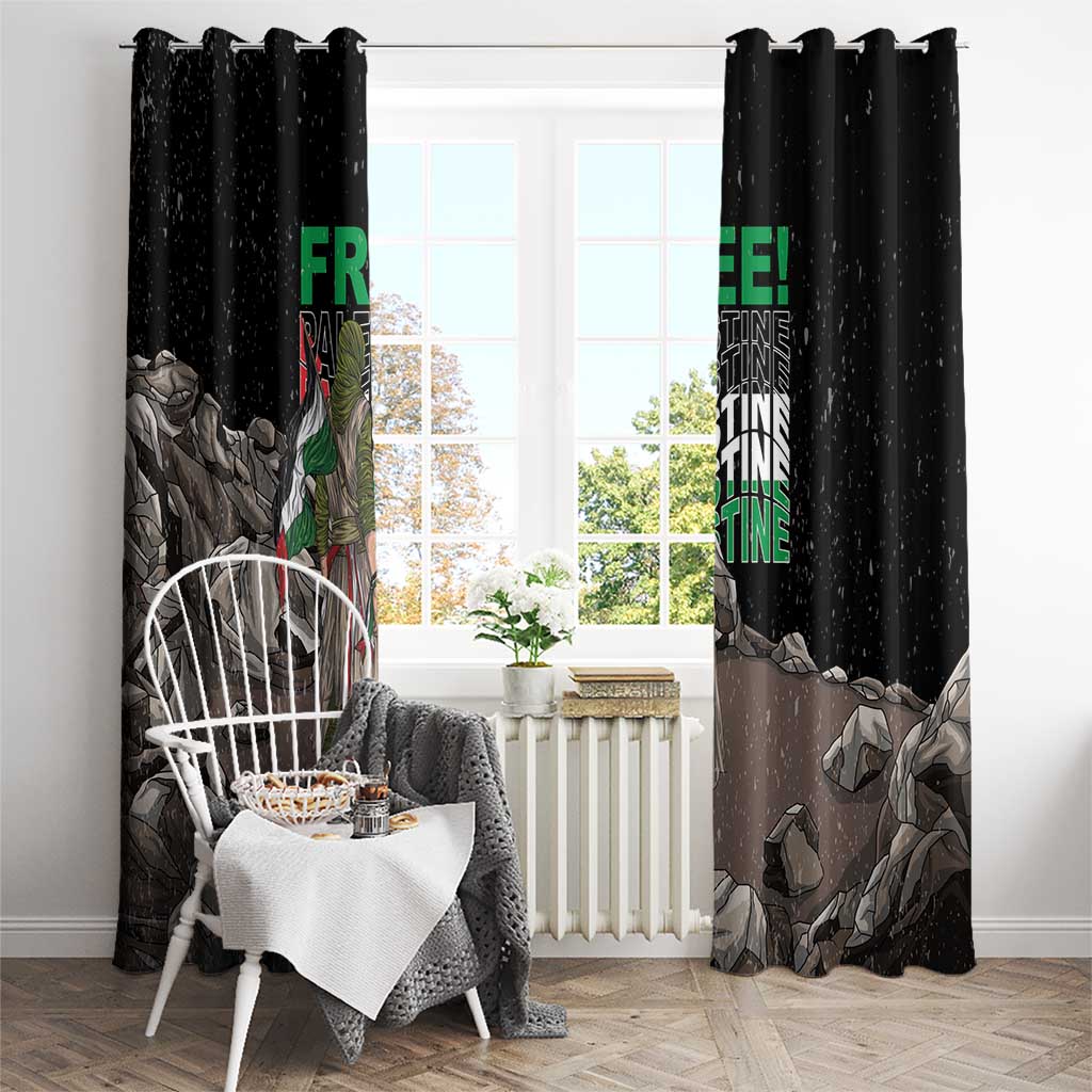 Black window curtain pair with top hooks, eagle graphic, and “FREE!” green text