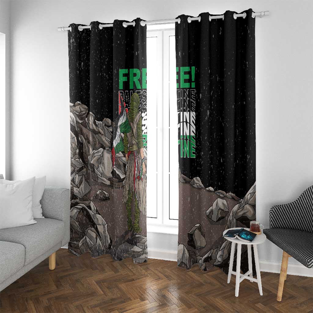 Black ring-top window curtain pair with eagle graphic and “FREE!” green text