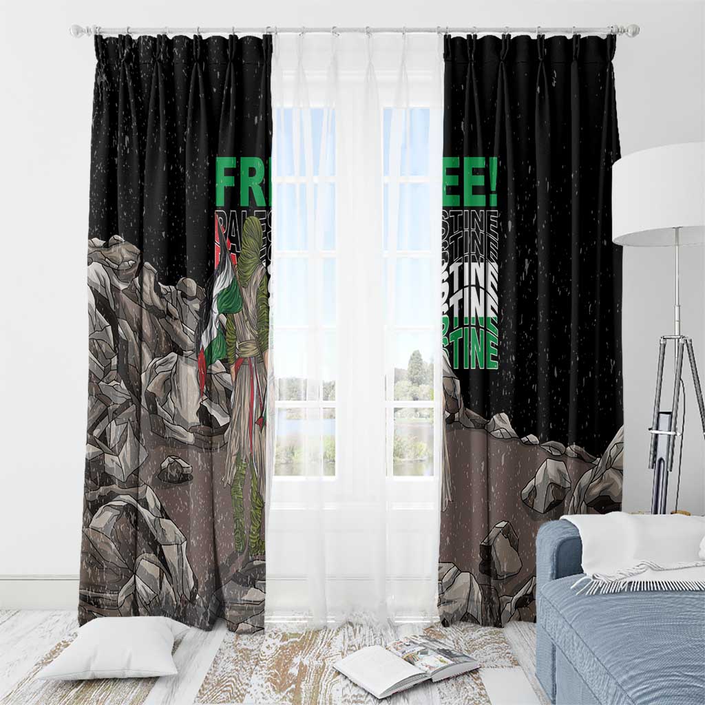 Black window curtain pair with sheer center panel and eagle graphic with “FREE!” text