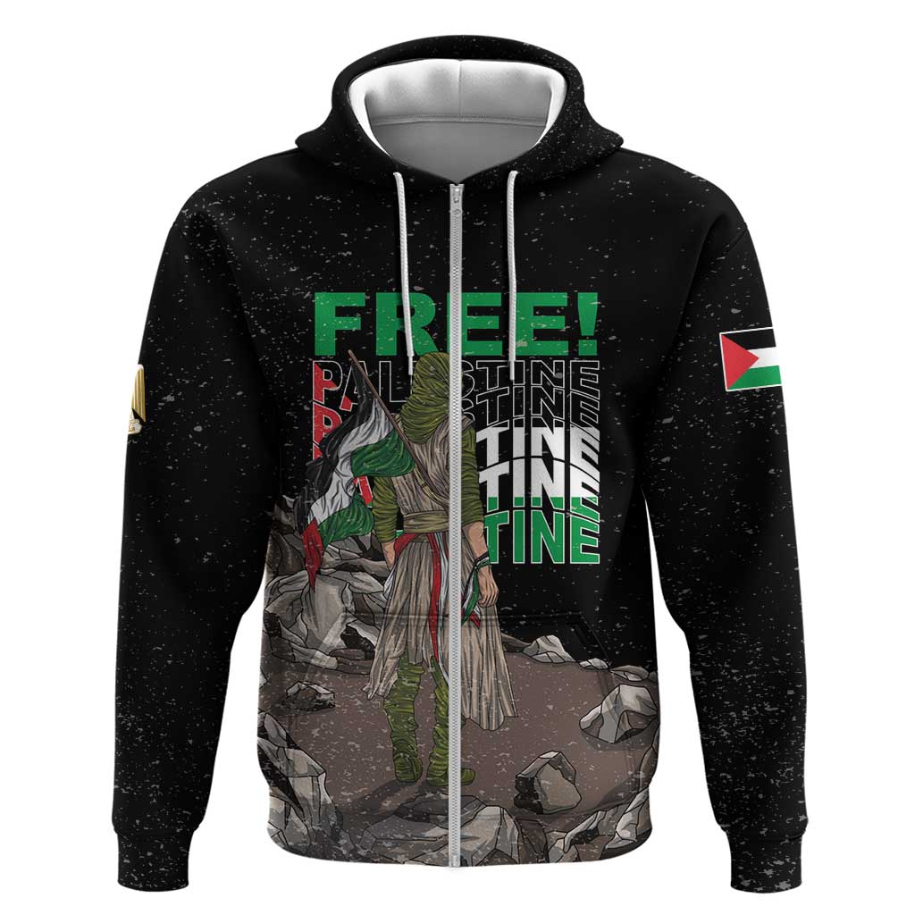 Black zip hoodie with front graphic of a warrior and bold FREE! lettering