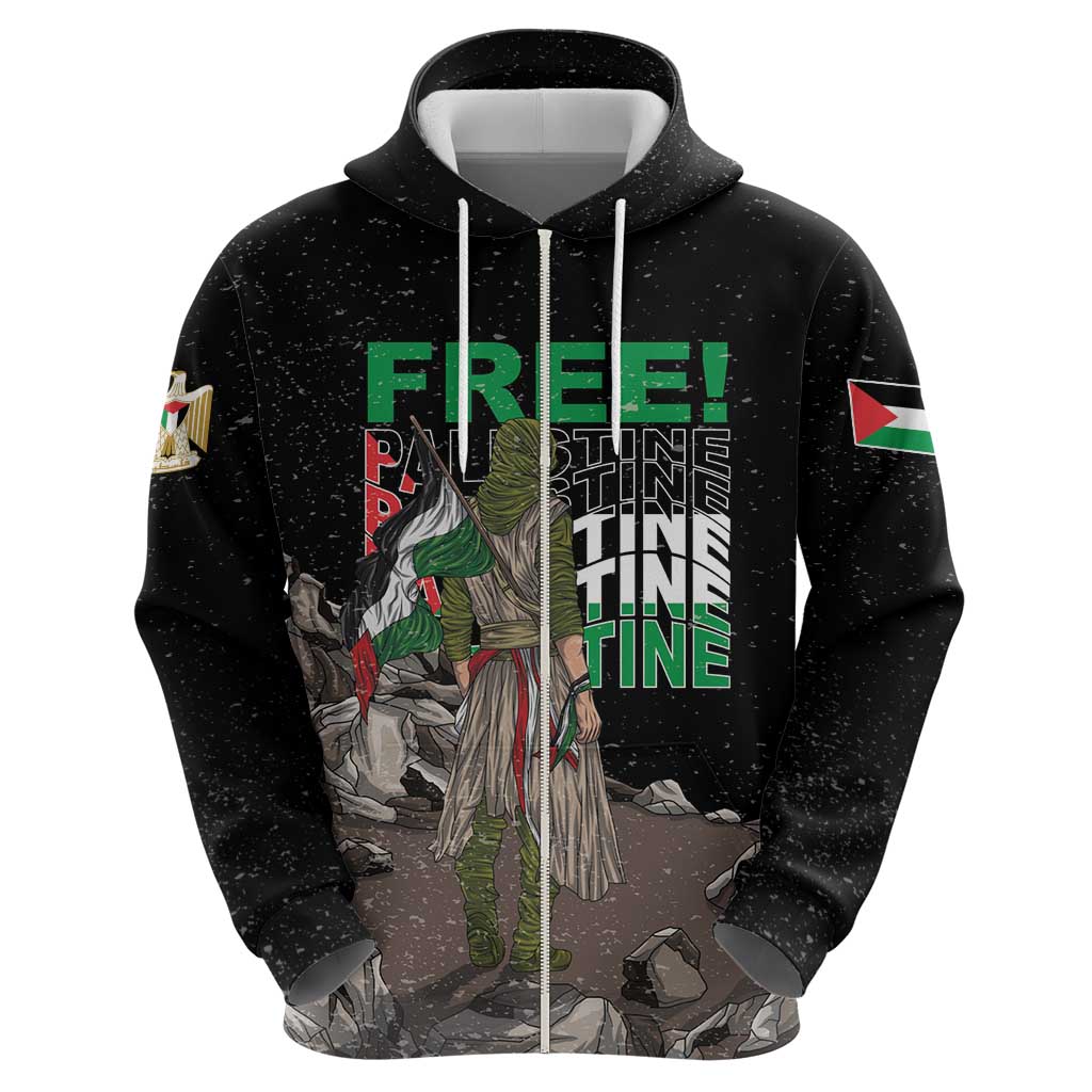 Black zip hoodie front view with centered zipper and FREE! warrior artwork