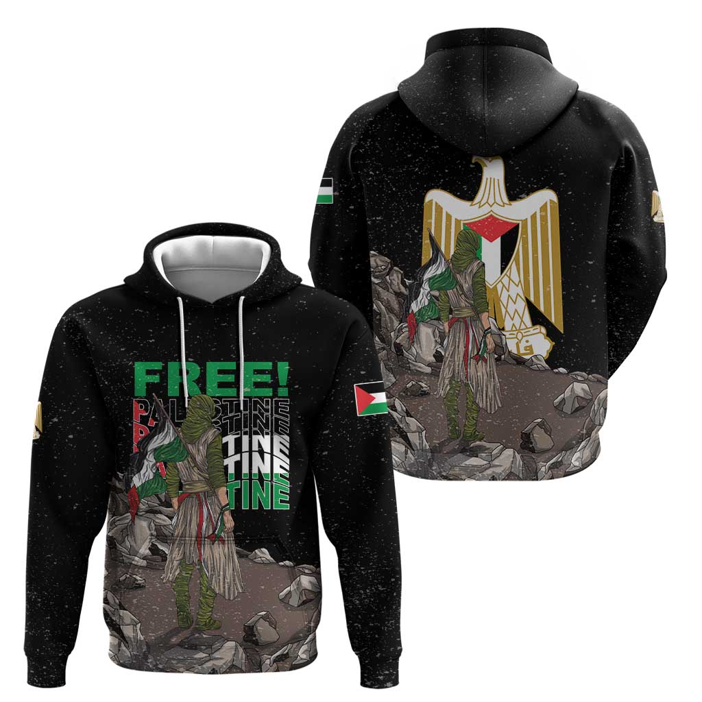 Two black zip hoodies shown together: front FREE! design and back eagle graphic