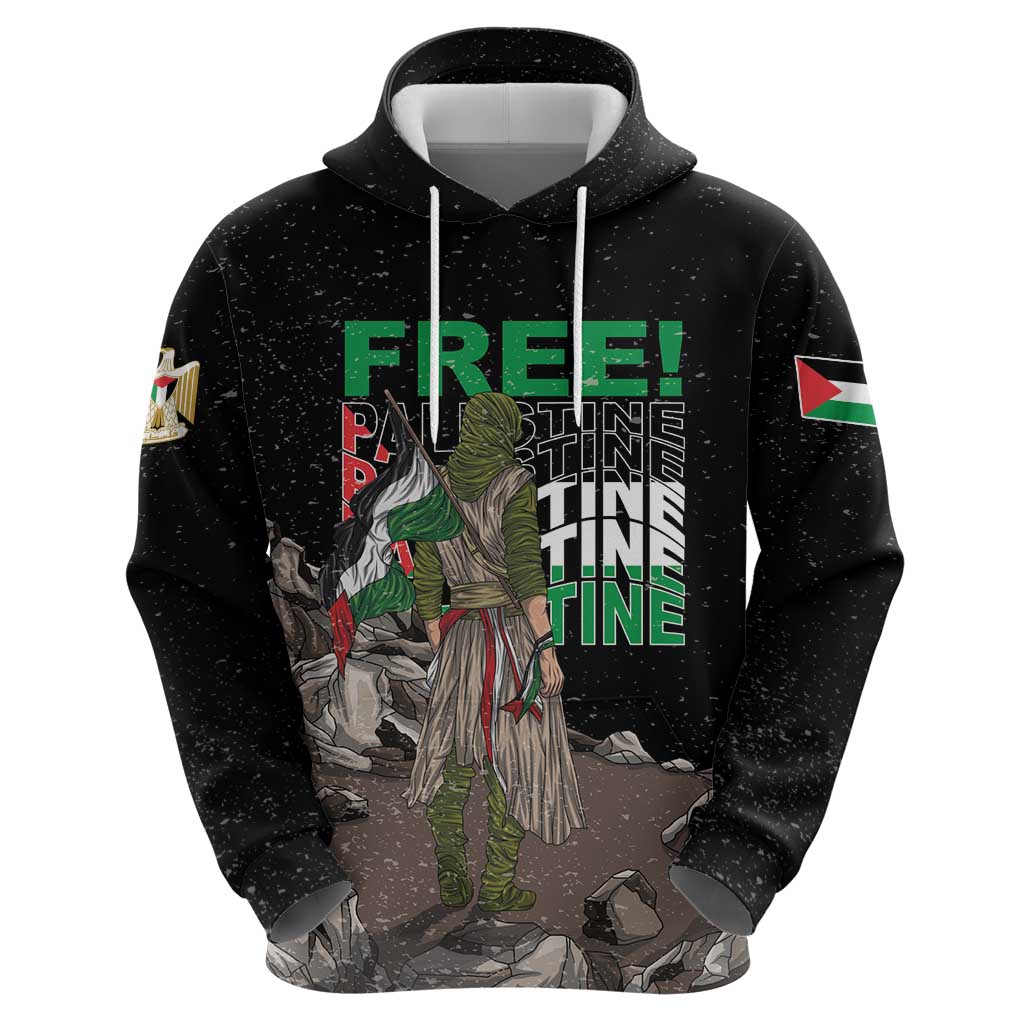 Black zip hoodie back view with golden eagle wing design over rocks