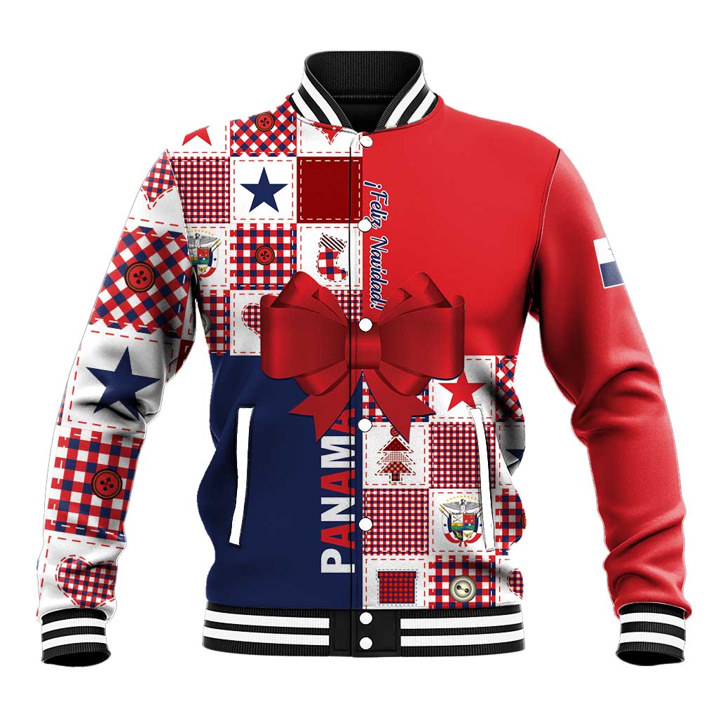 Red patchwork baseball jacket with navy panels and large red bow at chest