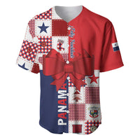 Red and navy patchwork baseball jersey with button front and large bow accent