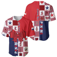 Red and navy baseball jersey with patchwork sleeves and chest bow, button front