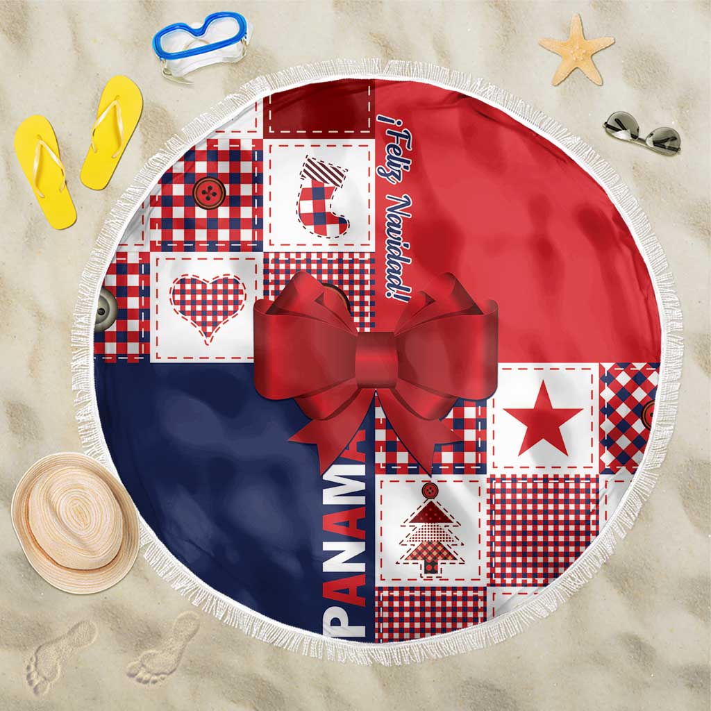 Red and navy round Christmas beach blanket with fringe, patchwork squares, large bow