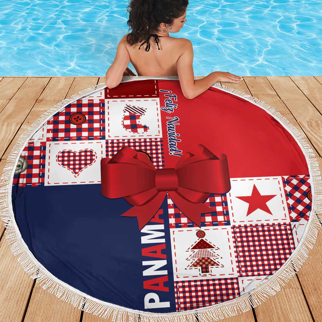 Navy red white round Christmas blanket with fringe edge and large red ribbon bow