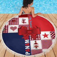Navy red white round Christmas blanket with fringe edge and large red ribbon bow