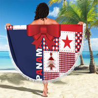 Round Christmas beach blanket with fringe edge, patchwork squares, oversized red bow