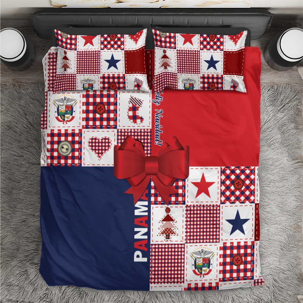 Christmas bedding set with red, blue, and white patchwork print, large red bow and stars