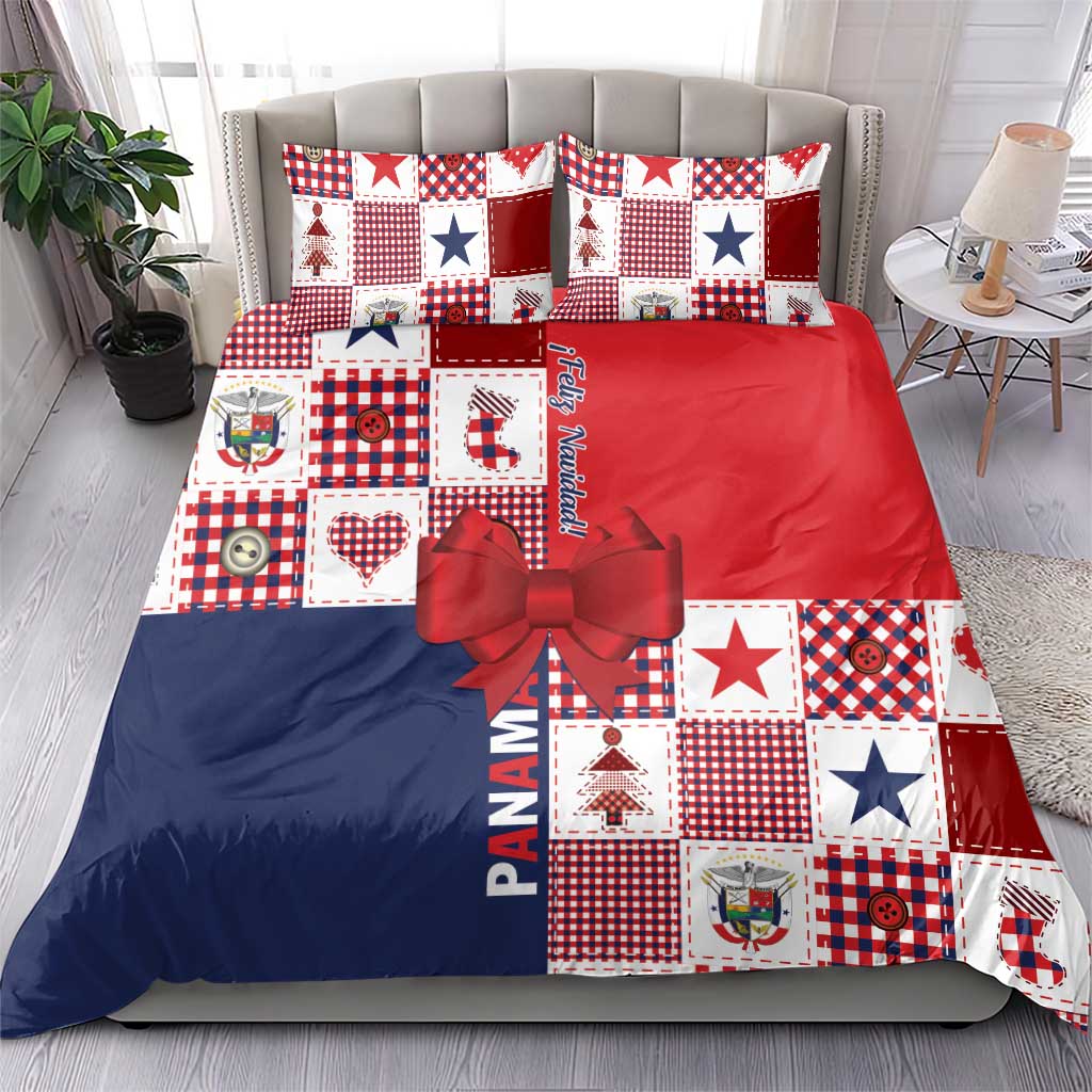 Christmas bedding set featuring red, blue, and white patchwork with star patterns and two pillows