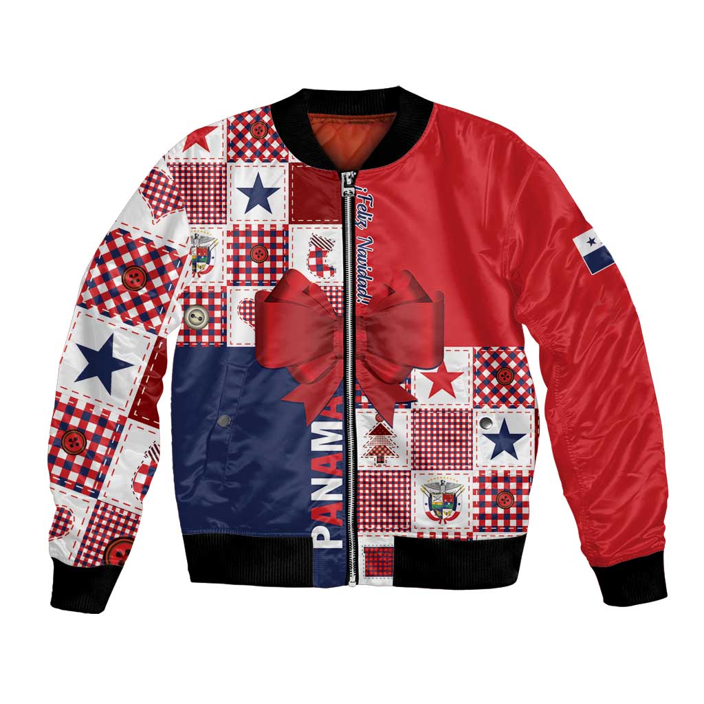 Red and navy patchwork bomber jacket with zip front, star and plaid panels