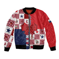 Red and navy patchwork bomber jacket with zip front, star and plaid panels