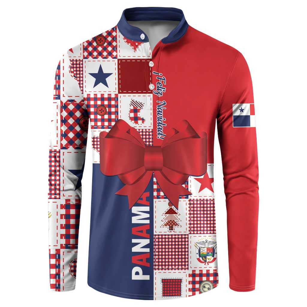 Red and navy button sweatshirt with patchwork print, star motifs, and bow graphic