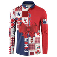 Red and navy button sweatshirt with patchwork print, star motifs, and bow graphic