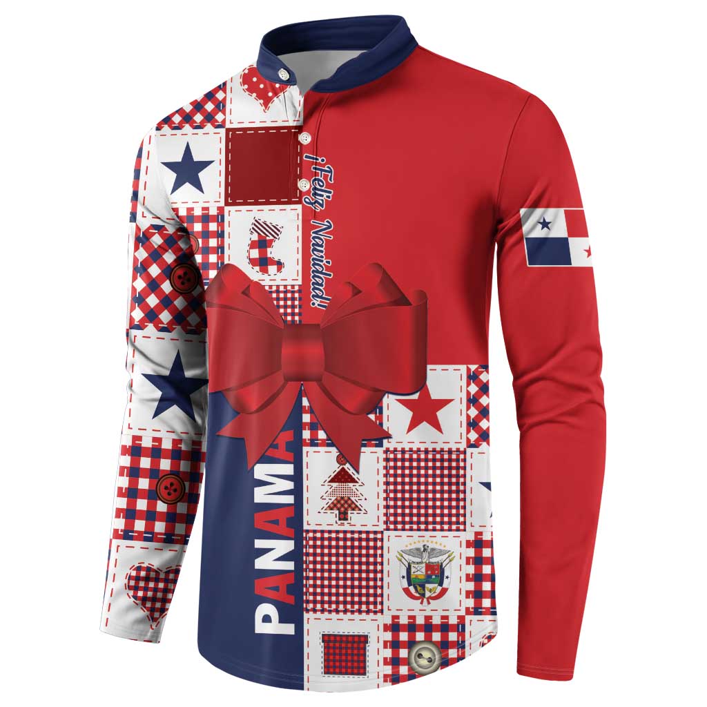 Red and navy button sweatshirt with patchwork front, large bow print, and star accents