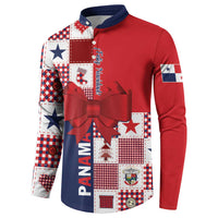 Red and navy button sweatshirt with patchwork front, large bow print, and star accents