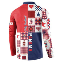 Red and navy button sweatshirt with patchwork back panel and vertical PANAMA text