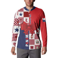 Red and navy button sweatshirt with patchwork print, bow graphic, and PANAMA vertical center