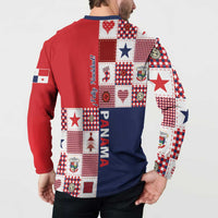 Red and navy button sweatshirt with patchwork back panel, PANAMA text, and shield patch