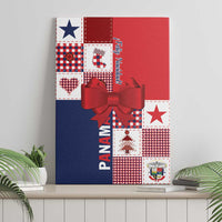 Red Panama Feliz Navidad canvas wall art featuring plaid patchwork, stars, and red ribbon bow