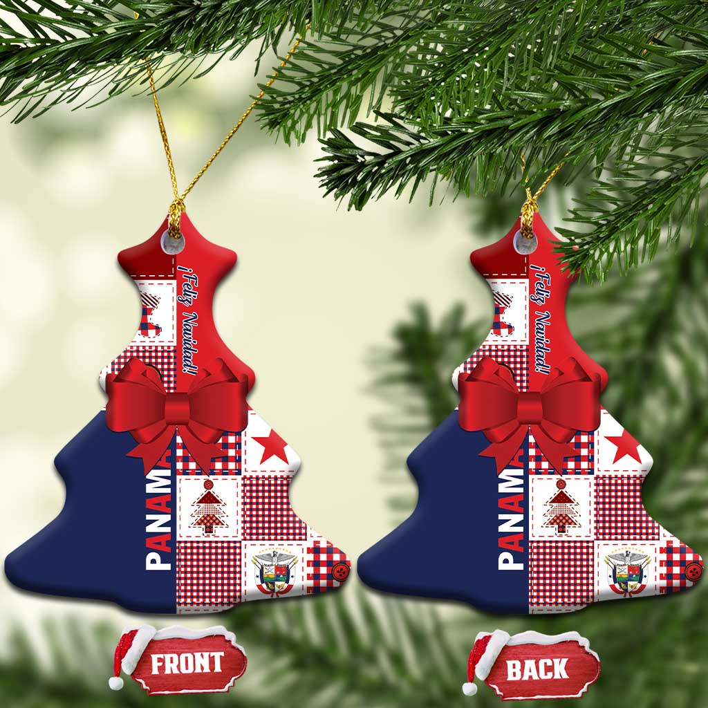 Pair of red and navy ceramic ornaments with red bow, gold cords, and fabric-style tags