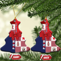 Pair of red and navy ceramic ornaments with red bow, gold cords, and fabric-style tags