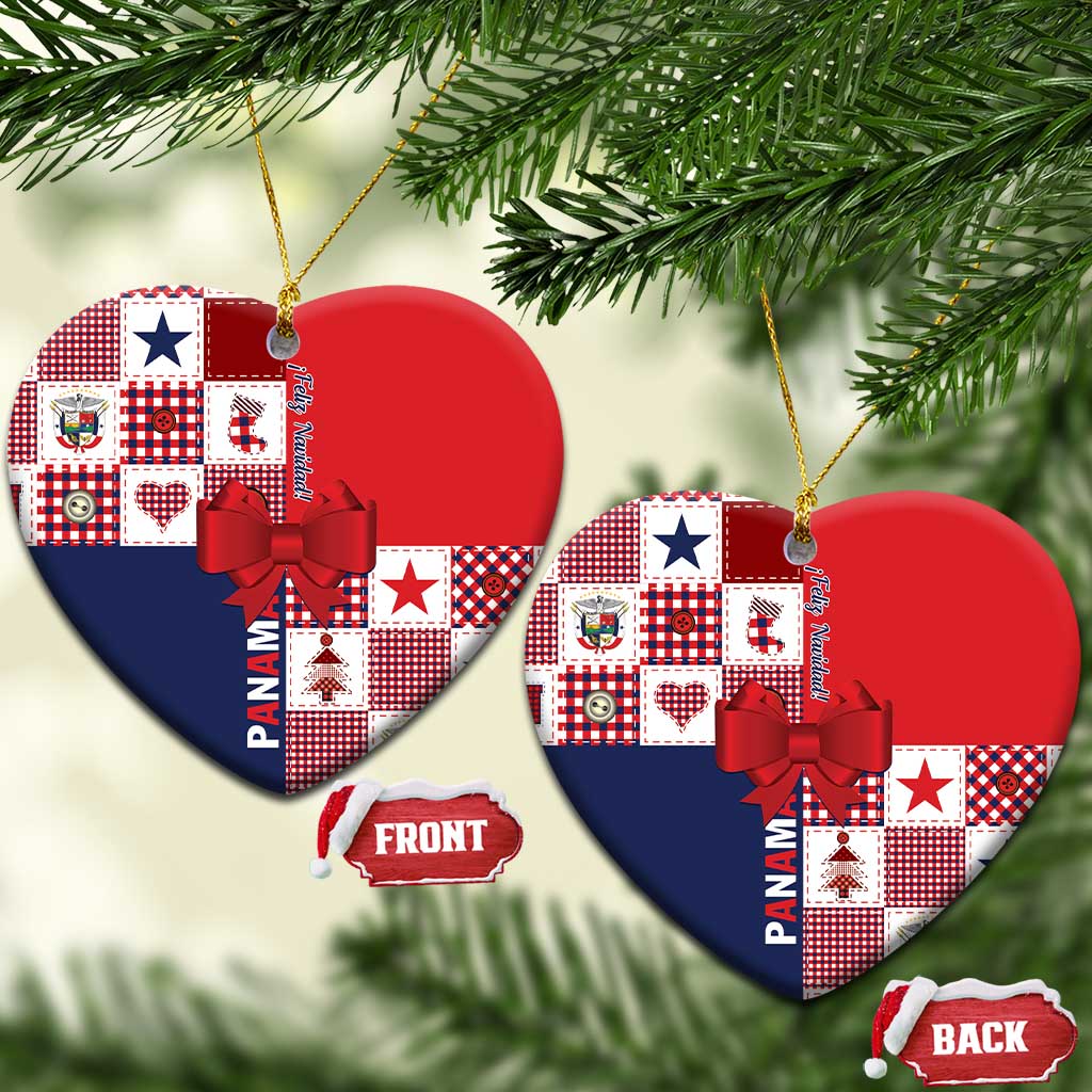 Two red and navy ceramic ornaments shaped like hearts, each with red bow and gold cord