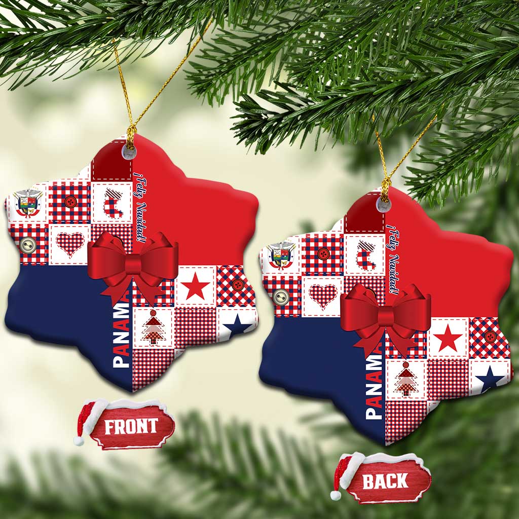 Two red and navy ceramic ornament shapes with patchwork pattern, red bow, and gold cord