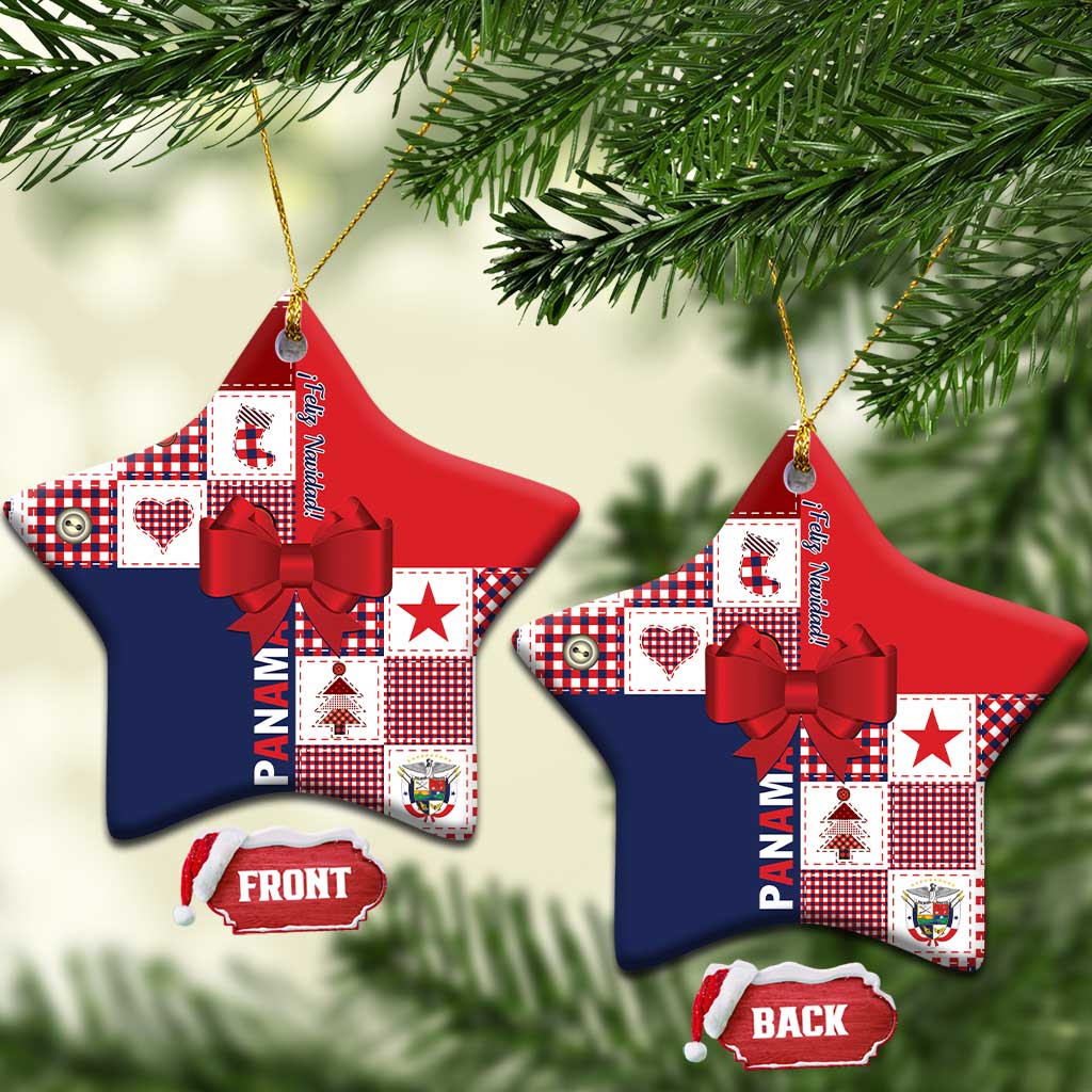 Two red and navy ceramic ornaments shaped like stars with red bow and gold hanging cord
