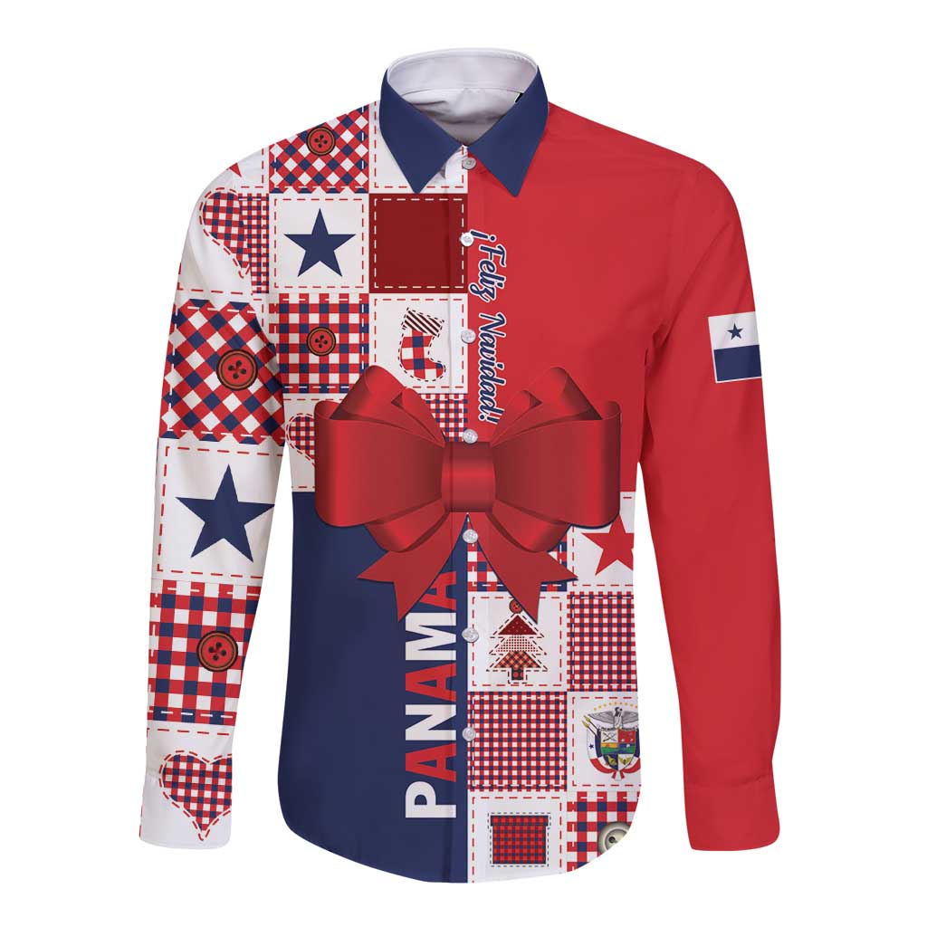Red long-sleeve button shirt with bow detail, patchwork prints and star accents