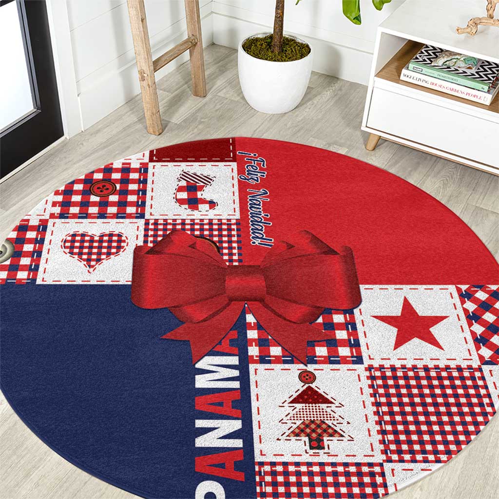 Round Christmas area rug with red bow, Feliz Navidad, patchwork check squares, PANAMA