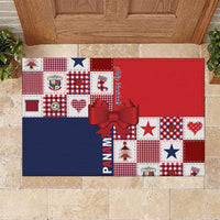 Red and navy patchwork rubber Christmas doormat with bow and PANAMA lettering
