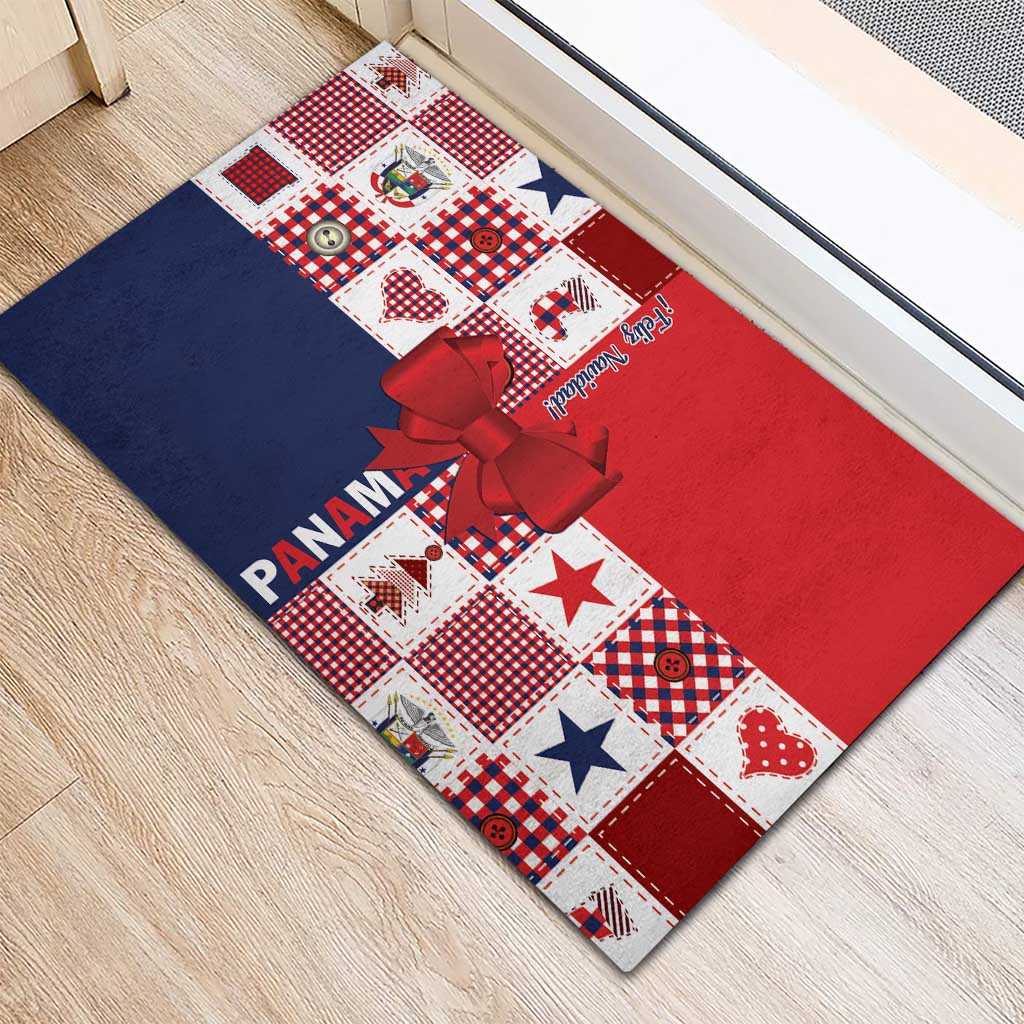 Red and navy patchwork rubber Christmas doormat with red bow and star accents
