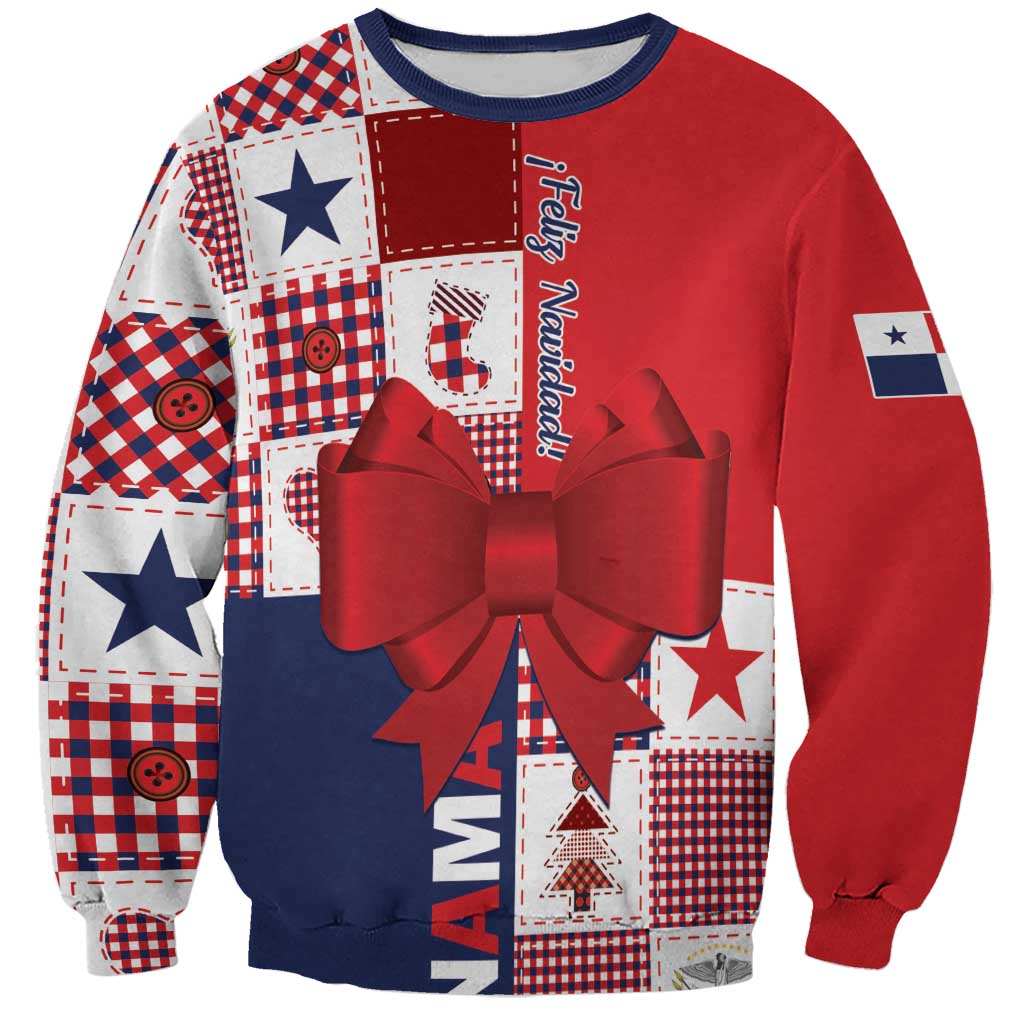 Red and navy patchwork Christmas sweatshirt with large red bow and star details