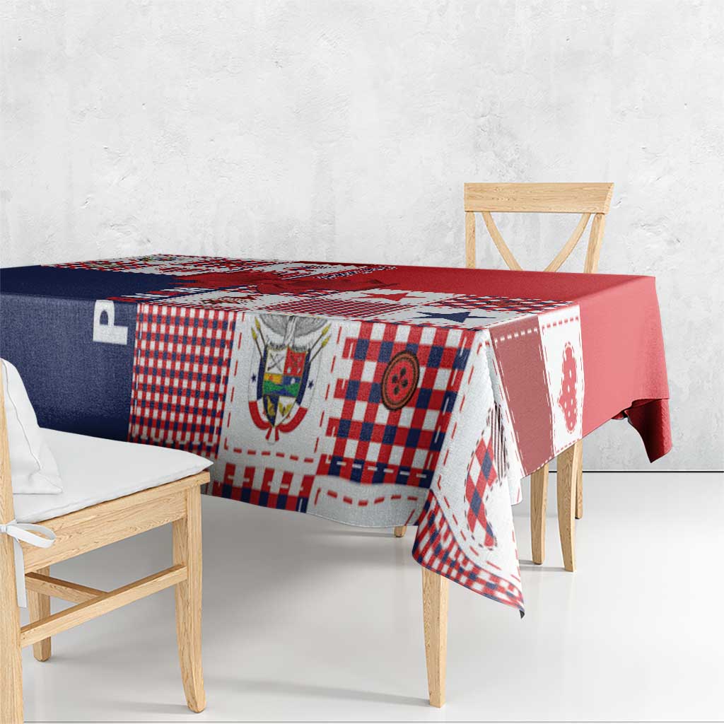 Red and navy patchwork tablecloth draped over dining bench and chairs