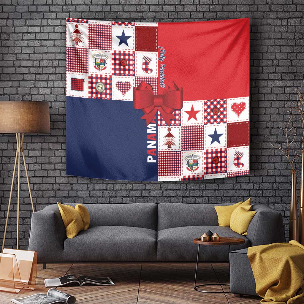 Red and navy Panama flag tapestry with patchwork squares and large bow