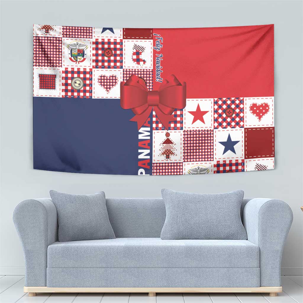 Panama flag tapestry with red top, navy bottom, patchwork squares, and bow