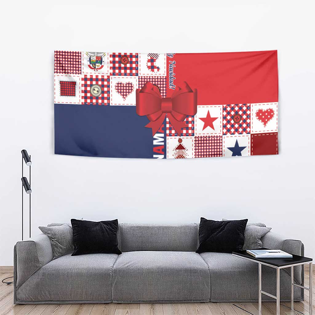 Red and navy Panama wall tapestry with patchwork design and ribbon bow
