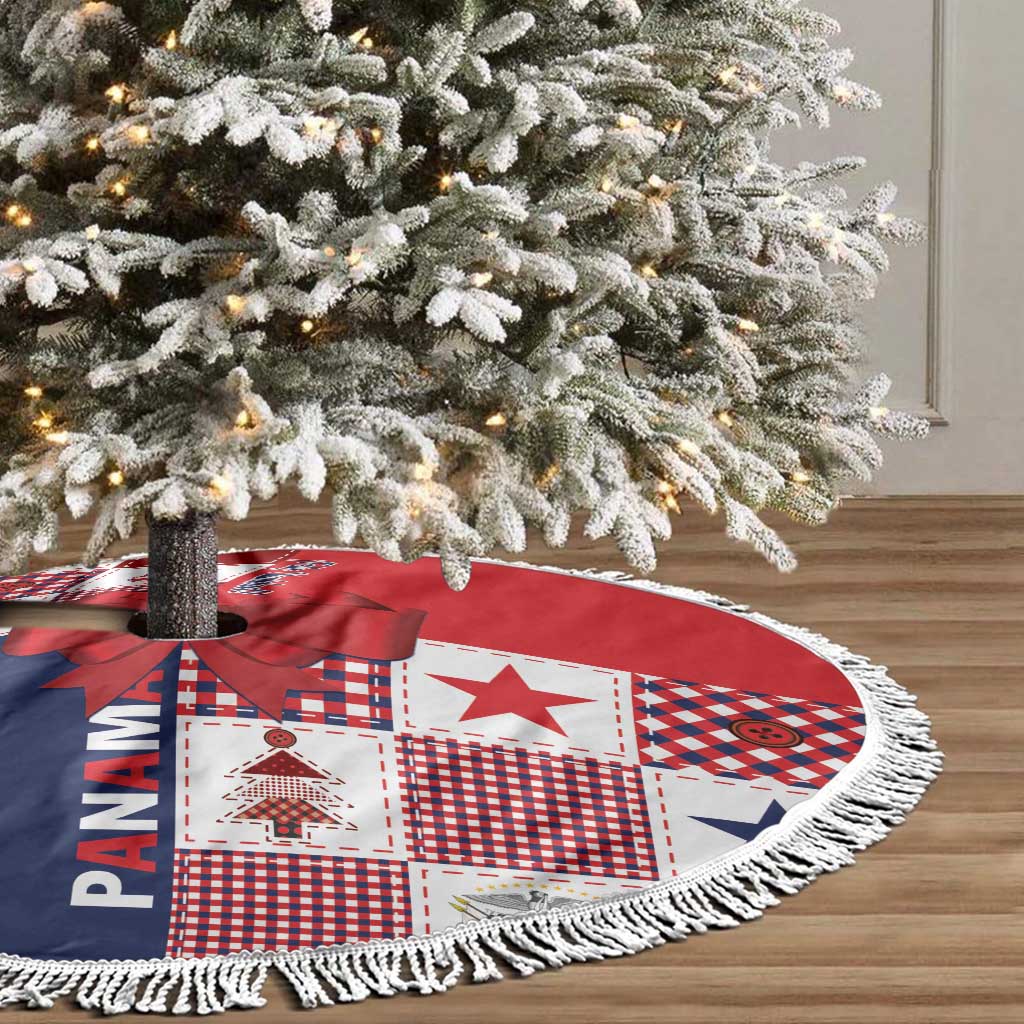 Plaid and star patterned red tree skirt with white fringed border