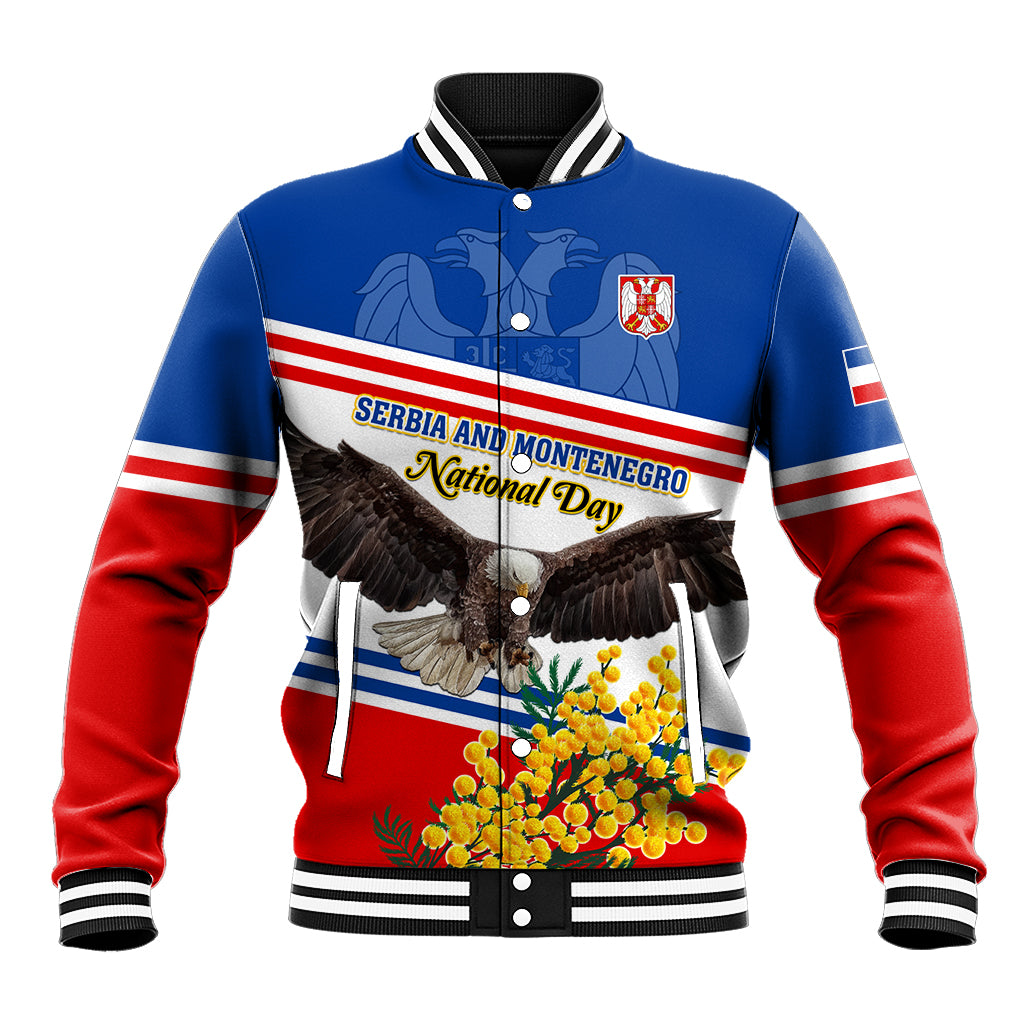 Blue baseball jacket with red sleeves, eagle graphic, crest patch, mimosa flower print