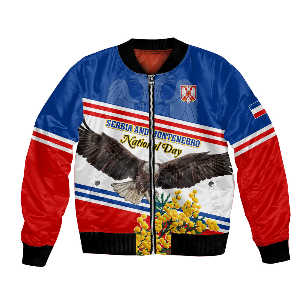 Unisex bomber jacket, blue/red/white with eagle graphic and mimosa flowers, front zip