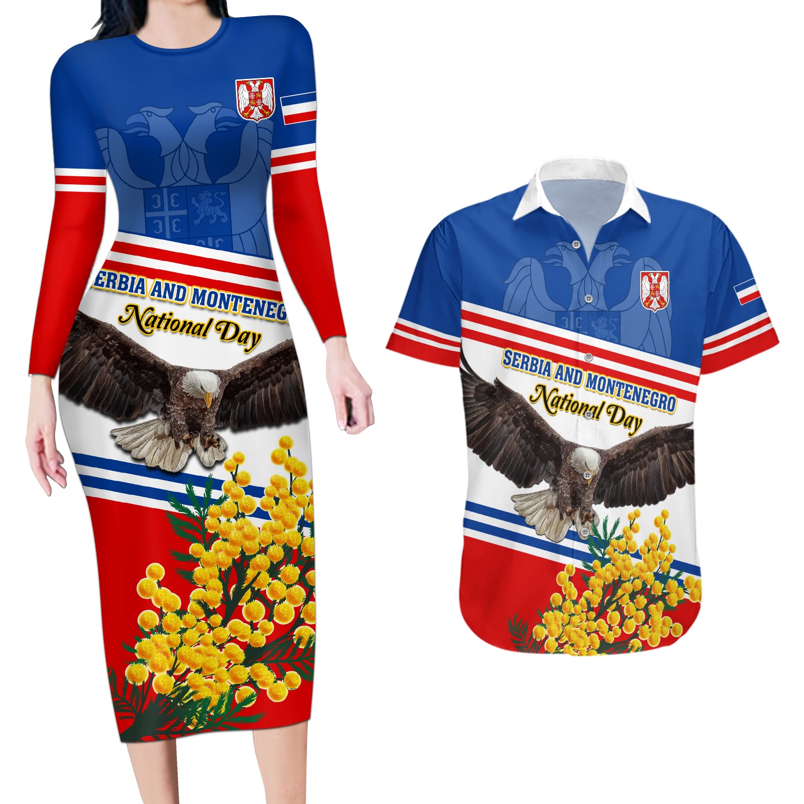 Serbia and Montenegro National Day Couples Matching Long Sleeve Bodycon Dress and Hawaiian Shirt Eagle With Mimosa Flower - Wonder Print Shop