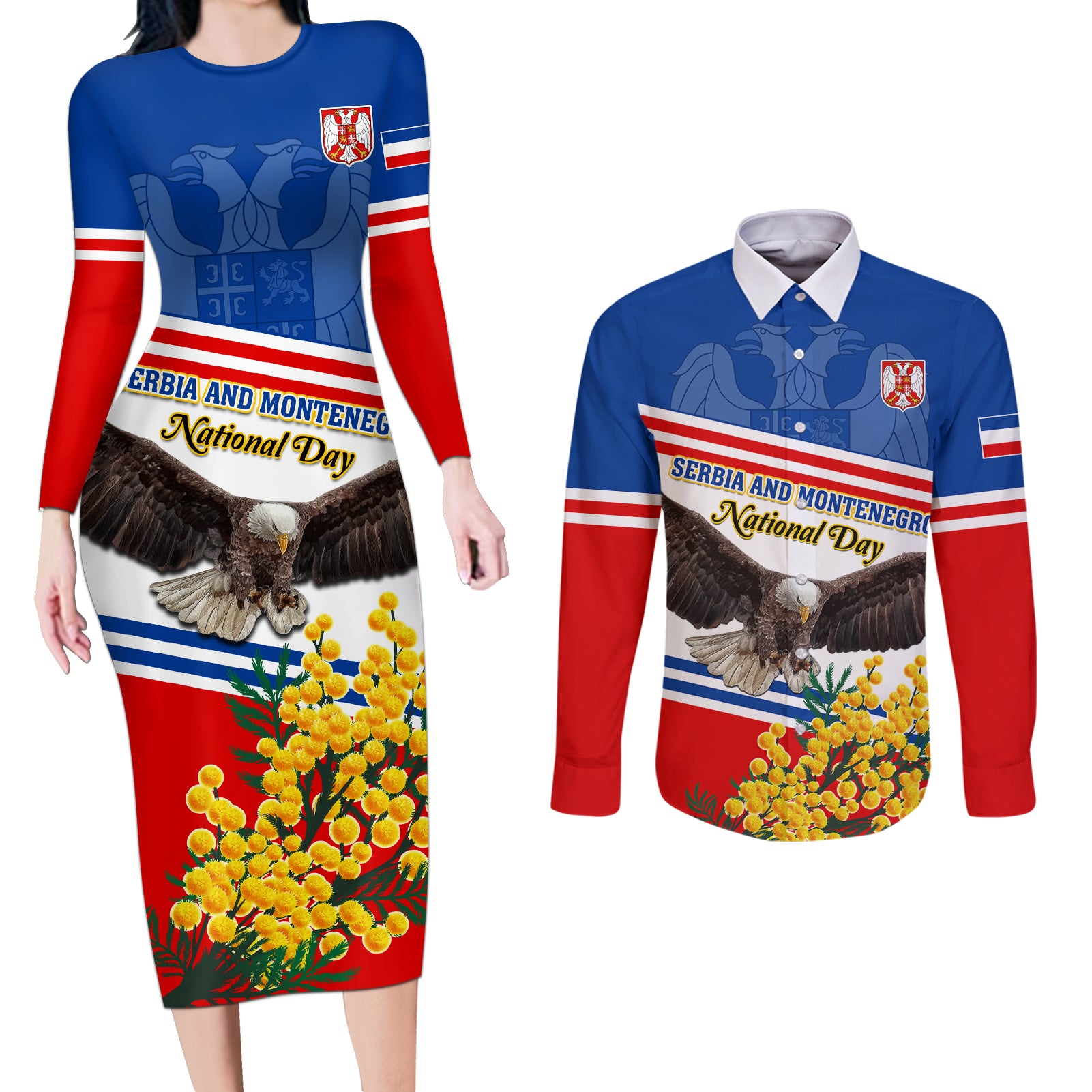 Serbia and Montenegro National Day Couples Matching Long Sleeve Bodycon Dress and Long Sleeve Button Shirt Eagle With Mimosa Flower - Wonder Print Shop