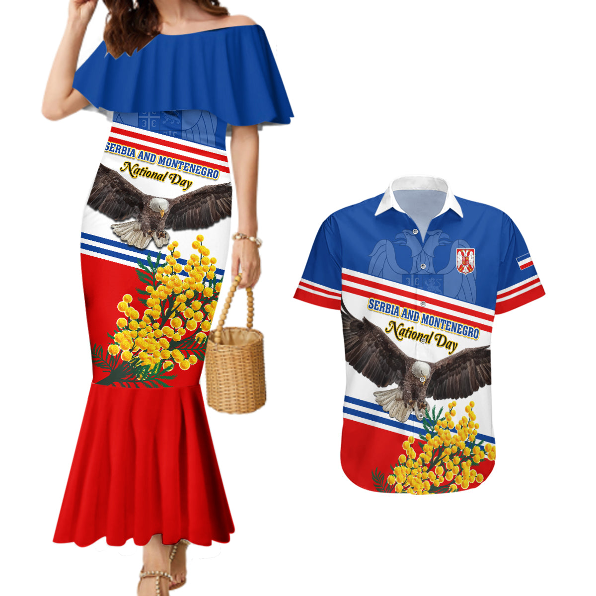 Serbia and Montenegro National Day Couples Matching Mermaid Dress and Hawaiian Shirt Eagle With Mimosa Flower - Wonder Print Shop